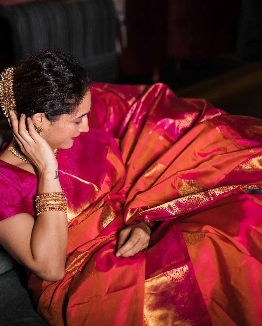 Pooja Ramachandran Stills in Red Saree Blouse